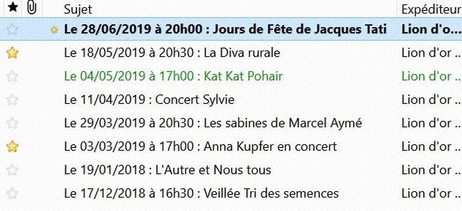 liste d'évènements Lion d'or sous Thunderbird